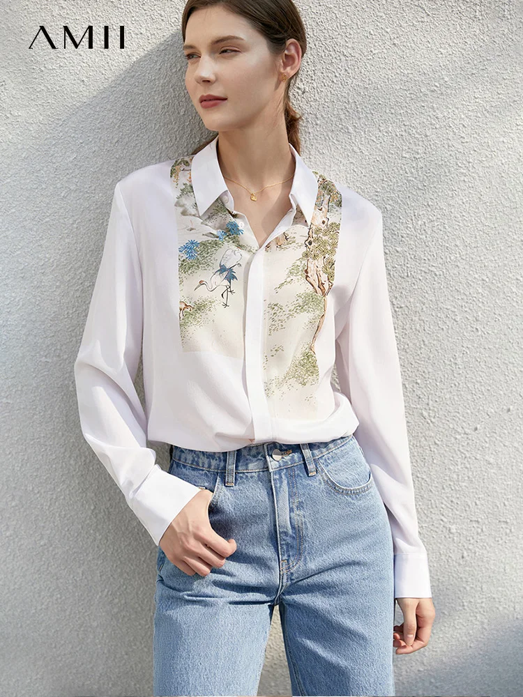 Amii Minimalism Summer Blouse Women\'s Office Lady Vintage Printed 100% Silk Shirts Blouses Elegant Shirt Female Tops 12270068