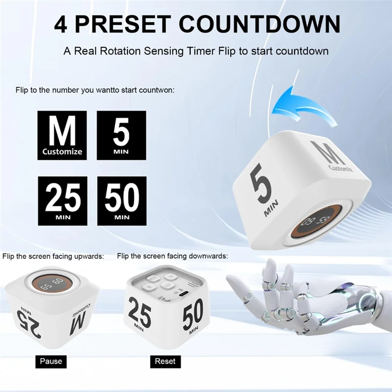 A84X-Rotating Cube Visual Timer 5, 25, 10, 50 Min Preset + Custom Countdown, Rechargeable Desk Productivity Flip Timer