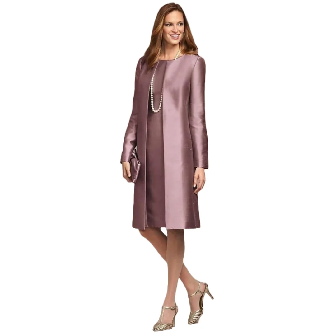 

Simple Mother Of The Bride Dresses Mauve Satin Jacket Long Sleeves Knee Length Coat Gold Retro Groom Mother's Wedding Guest Gown