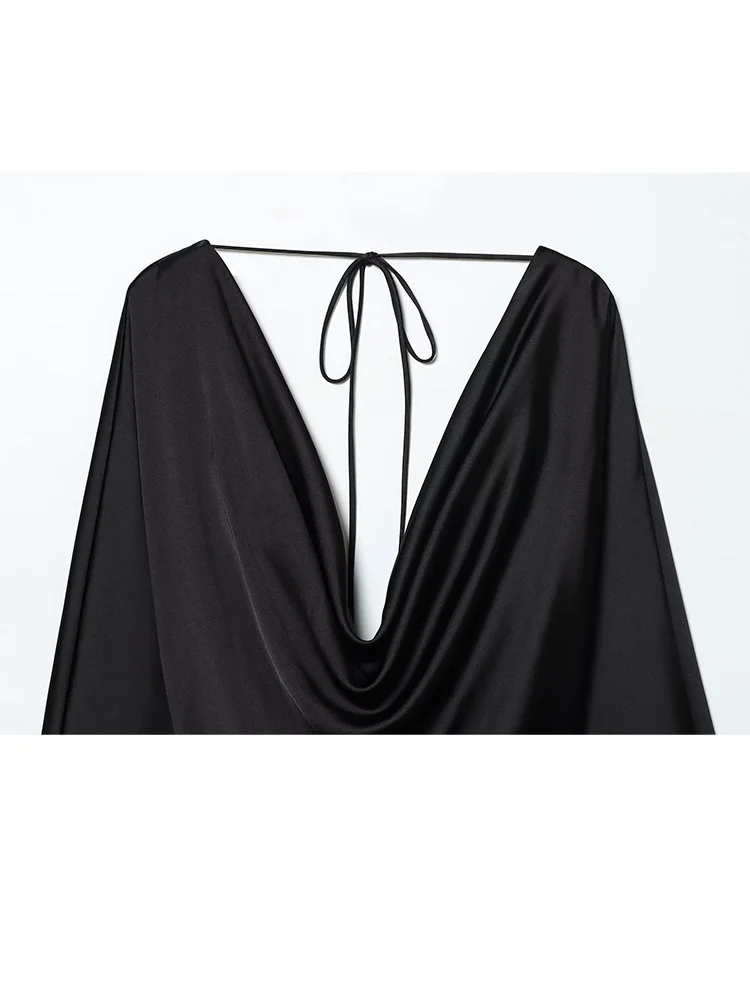 HH Mulheres Mangas Compridas Backless Vestidos Plissado Moda Feminina Lace-up Textura de Cetim Verão Gola Pendulosa Sólido Mini Vestido