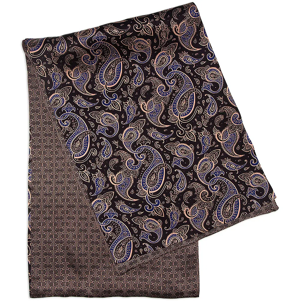 Men's 100% Pure Silk Scarf Double Layer Long Paisley Shawl Classic Print Blue Neck Scarf for Gentlemen, Wear on Suit & Attire