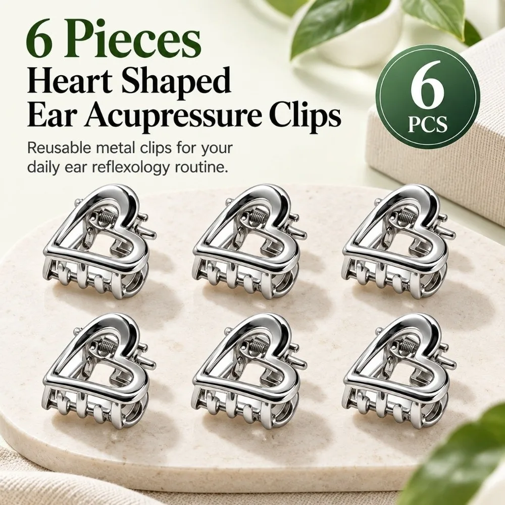 6Pcs Heart Shaped Ear Acupressure Clips Silver‑Tone Spring Grip Ear Massage Clips Claw‑Type Toothed Jaw Ear Clips