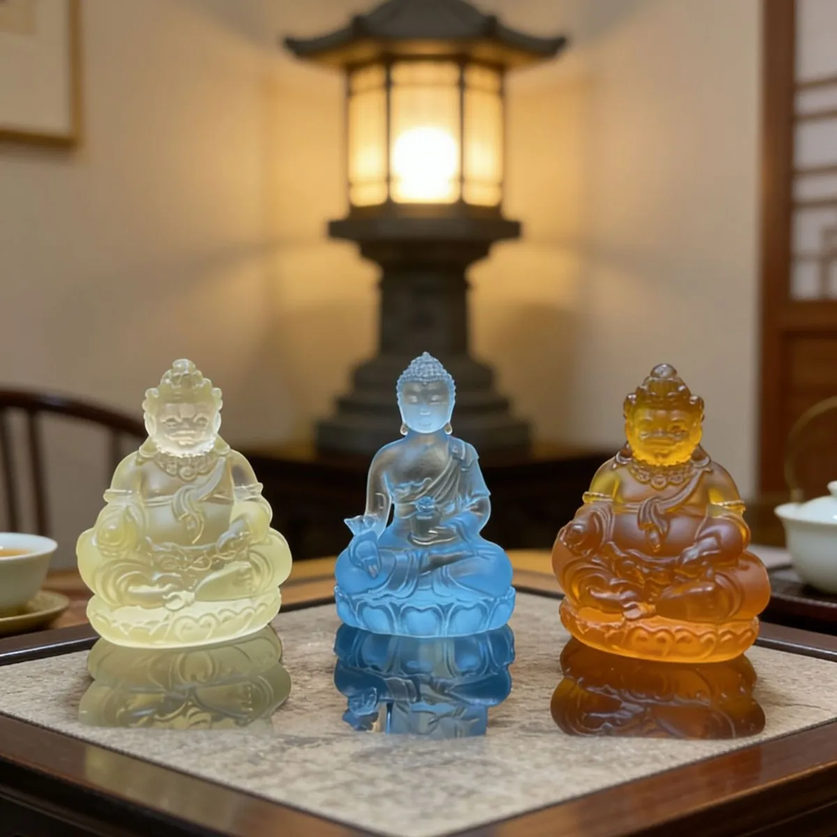 Ancient method colored glaze Yellow Jambhala Buddha statue ornament, car-mounted Medicine Buddha, home decoration, car interior
