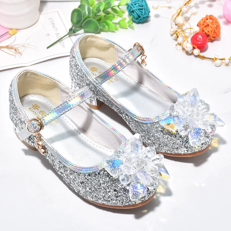 High-grade Girls Crystal Shoes Stylish Shiny Diamond Children High Heels Catwalk Show Performance Wedding Princess Leather Shoes