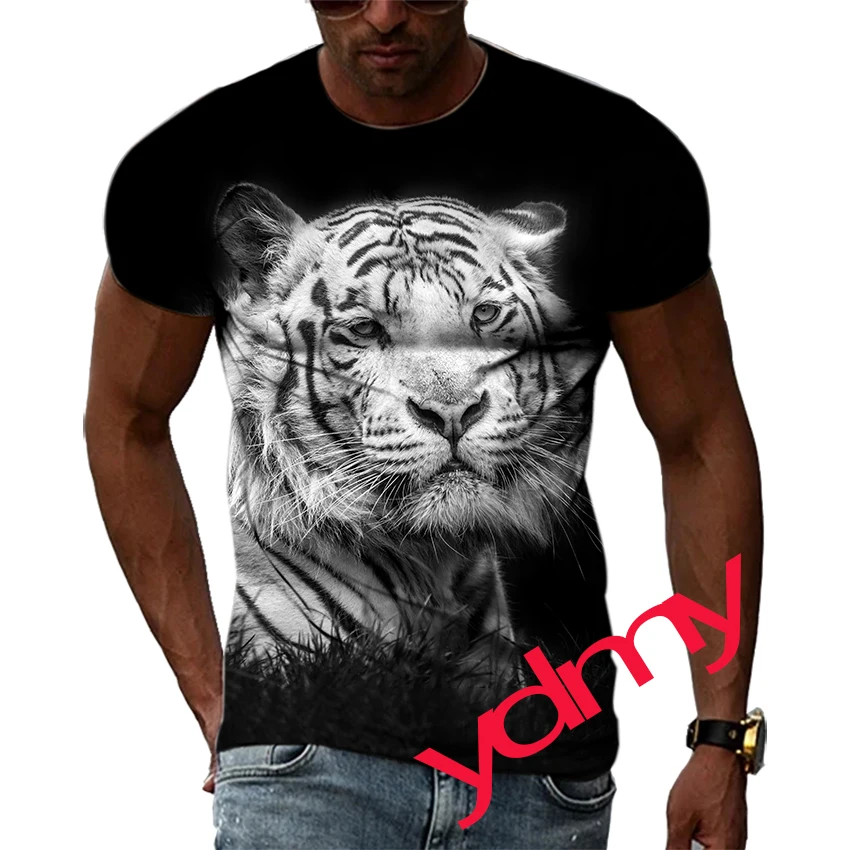 Summer Fashion  White Tiger Picture  T-Shirts For Men Casual 3D Print Tees Hip Hop Personality Round Neck Short Sleeve