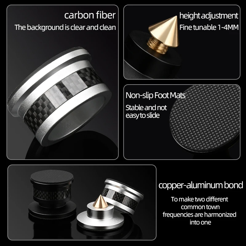 ATAUDIO 4PCS HiFi Speaker Spike Isolation Stands Carbon Fiber Aluminum Alloy Damping Metal Foot Pad Adjustable Cone Speaker feet