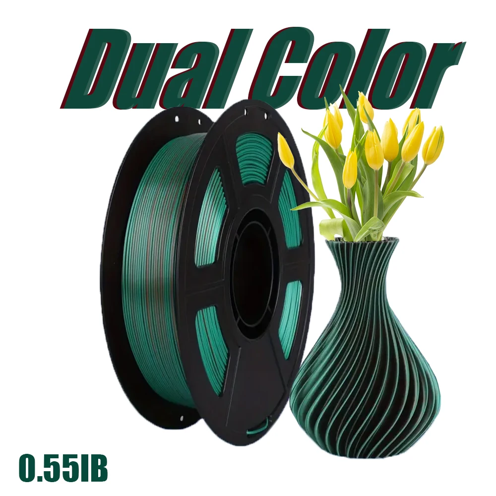 Silk Dual Color PLA Filament 3D Printer 1.75mm +/- 0.03mm, Bicolor Filament Two Tone PLA 250G(0.55lbs) , Black Green