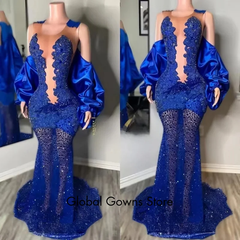 Nieuwkomers Koningsblauw Galajurken Illusie Kristal Steentjes Verjaardag Jurk Avond Formele Jurk Vestidos Aangepast