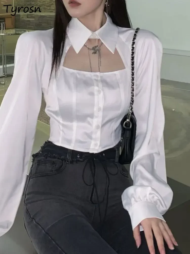 Shirts Women Slim Crop Creativity Hollow Out Sexy Hot Girls Korean Style Leisure All-match Streetwear Spring Stylish Club Design
