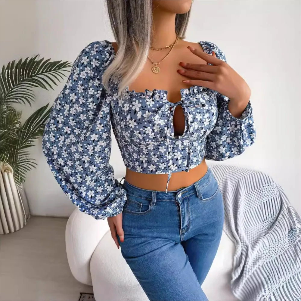 Sexy Wooden Ear Lace Floral Chiffon Shirt Crop Top Women's Camisas De Mujer Blusas Femininos Long Sleeve Shirts Tops Casuales