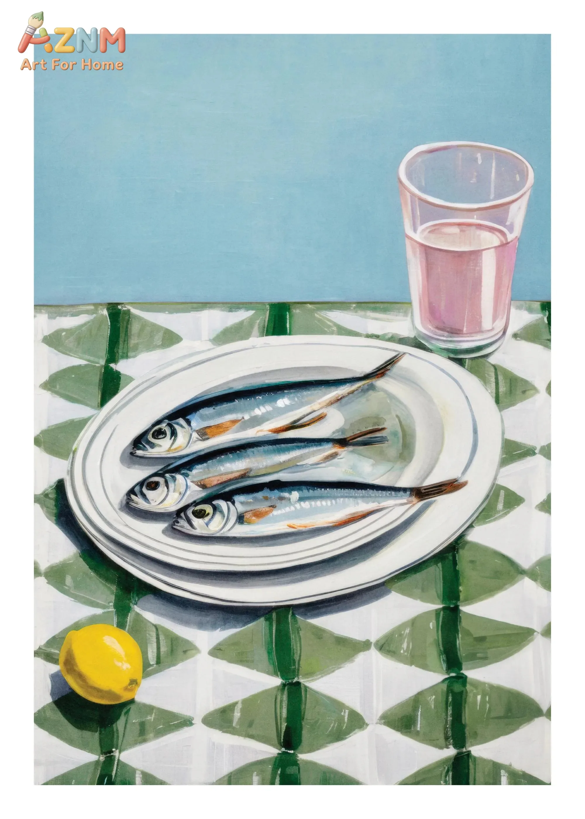 Sardine Fish Still Life Canvas Prints, Green Check Table Lemon Pink Glass Art, Coastal Kitchen Decor Unframed Canvas