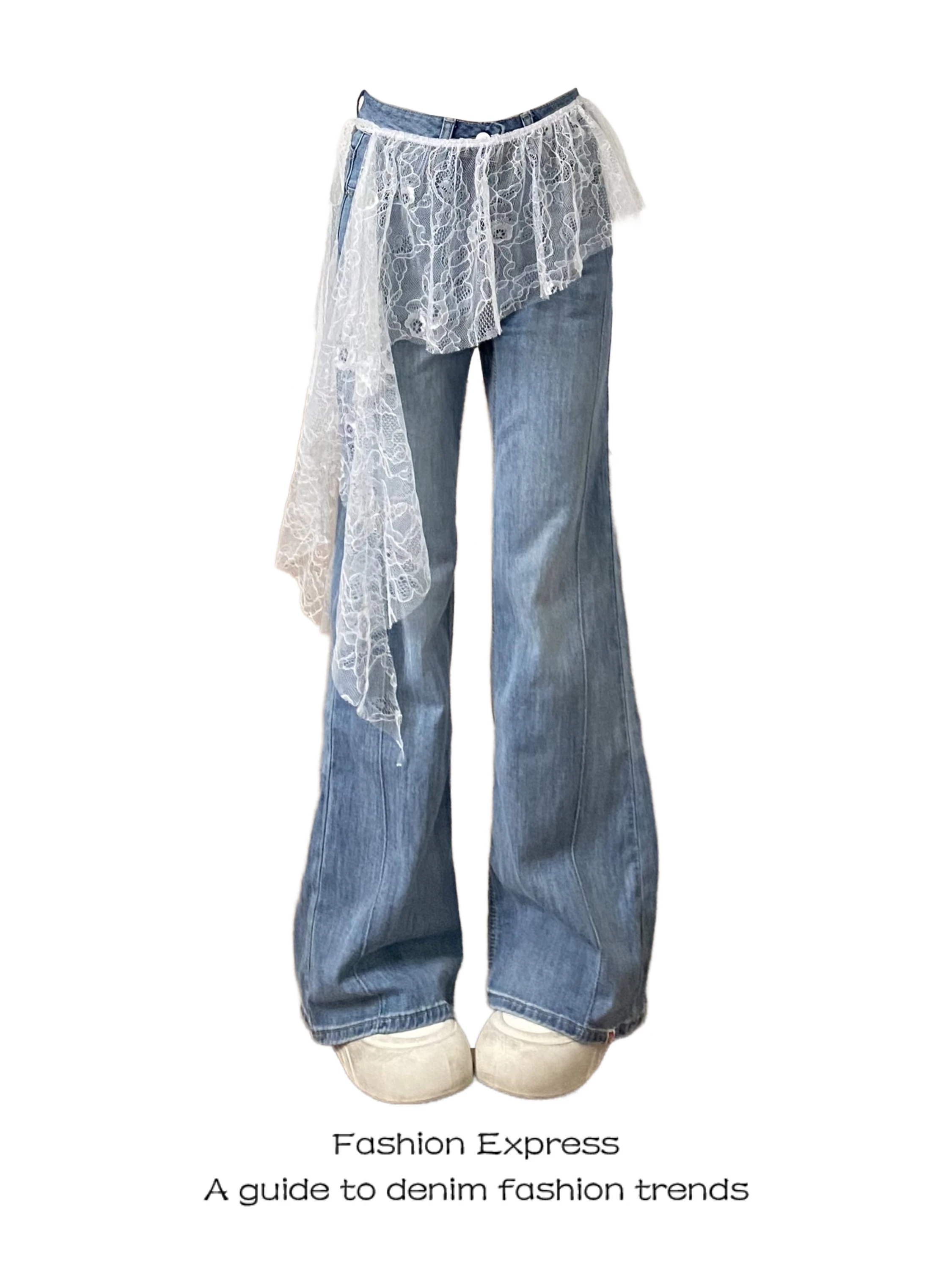 

Ruffle Lace Trim High Waist Jeans Women's Anti-Aging Micro Flared Slimming Patchwork Simple Design Elegant Versatile Pants