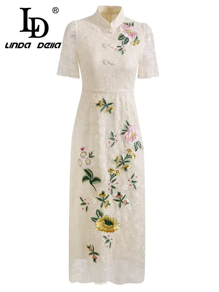 

LD LINDA DELLA 2023 Chinese style Luxury Elegant and Pretty Dress Women Lace Embroidery Splice Slim Fit Hollow Out Sequin Dress