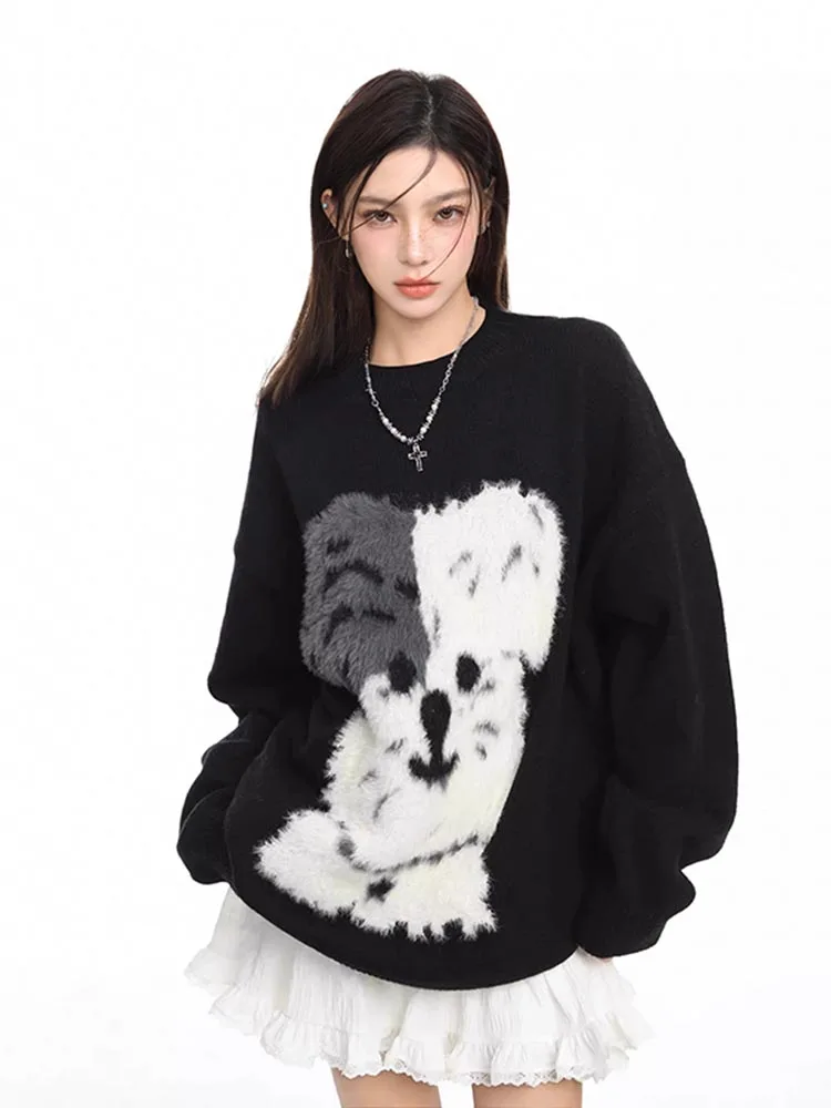 Casual Puppy Jacquard Sweater Autumn Winter New Lazy Style O-Neck Loose Knitted Pullover Women Long Sleeve Sweater