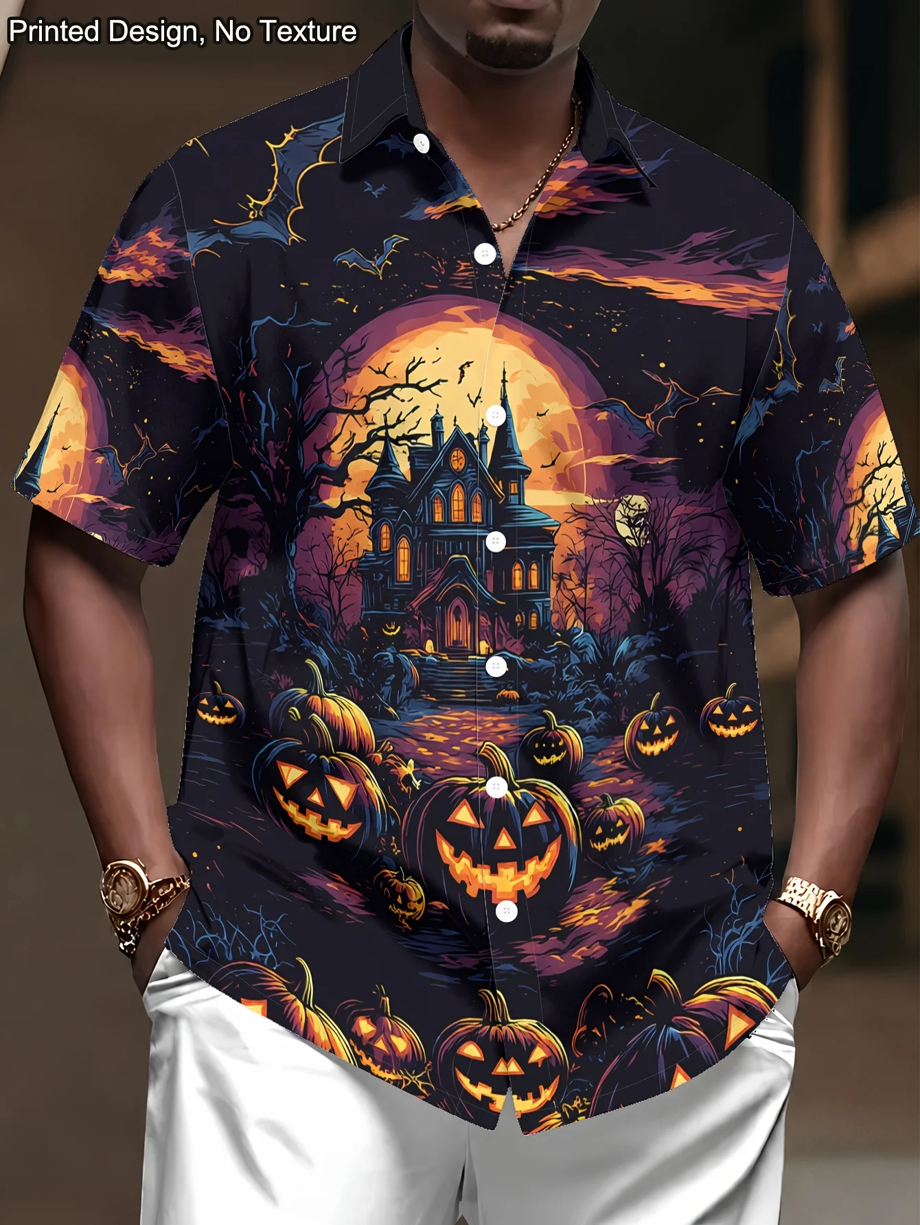 Men Halloween Haunted Castle Pumpkin Bat Full‑Print Short Sleeve Shirt Lapel Collar Button‑Up Polyester Party Blouse