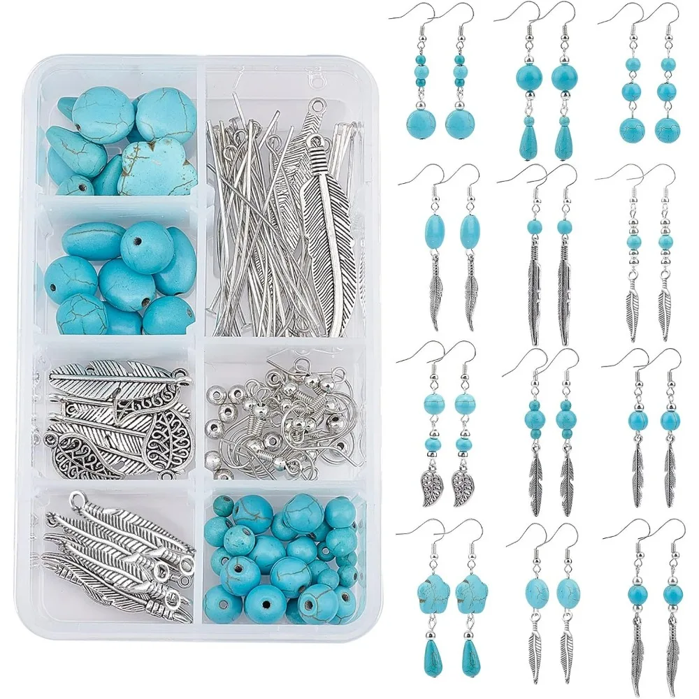 1 Box DIY 12 Pairs Turquoise Bead Dangle Earrings Making Kit Alloy Enamel Leaf Feather Pendants Charms with Eye Pin & Earring