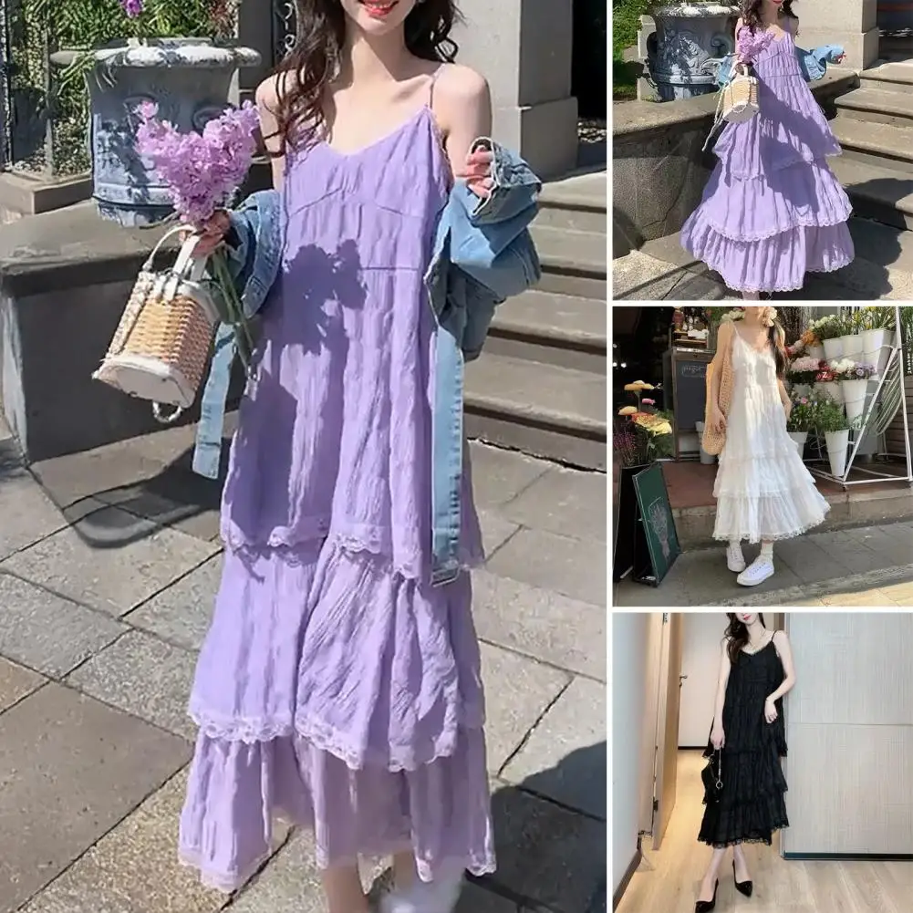 Women's Casual Loose V-neck  Lace Maxi Dress Summer Beach Vacation Long Dress Solid Color Loose