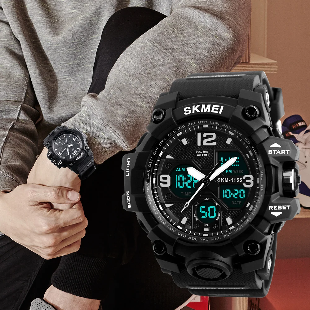 SKMEI 1155B 5Bar reloj de pulsera deportivo para hombre, cronógrafo Digital militar con pantalla Dual, resistente al agua