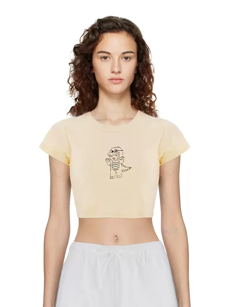 PUWD Women Cotton Beige Tees 2023 Summer Fashion Ladies O Neck Short Sleeves Drago Pet Printed T-shirts Female Crop Tops