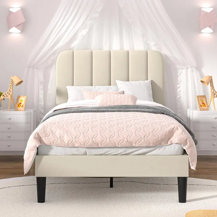 

Twin Size Bed Frame with Upholstered Headboard, Velvet Platform Bedframe Mattress Foundation, Strong Wood Slat Support, No Box