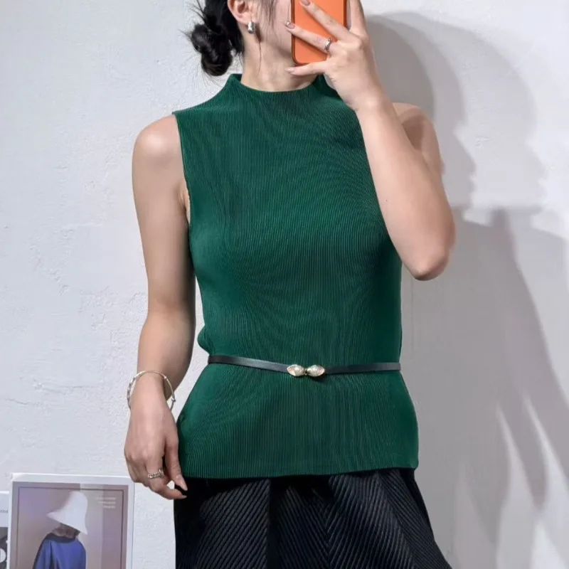 Toothpick Pleated Half High Neck Vest 2026Casual Simple Sleeveless T-Shirt Women Lightweight Stretchy Draped Top Clothing