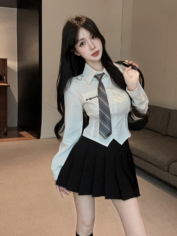 Slim Fit  Shirt Blue Single Button Long Sleeve Women's Fashion College Style Top And Grey Pleated Skirt Set Korean Version