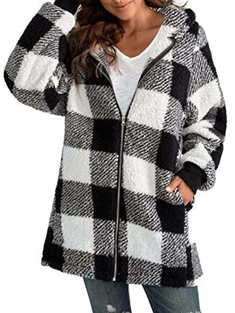 2022 Autumn Winter Plaid Faux Fur Coat Women Teddy Coat Hooded Jackets Female Furry Teddy Bear Plush Jacket Women