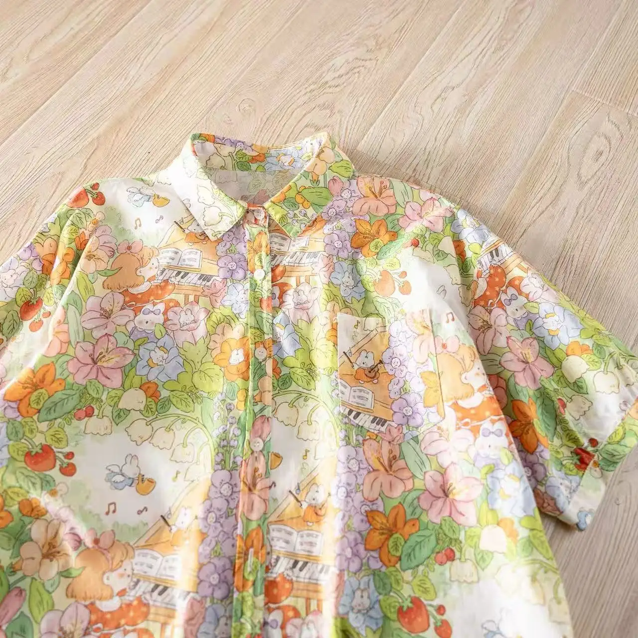 

2026 Harajuku fashion green cartoon floral print oversized shirts short sleeve blouses for women 100% cotton summer tops