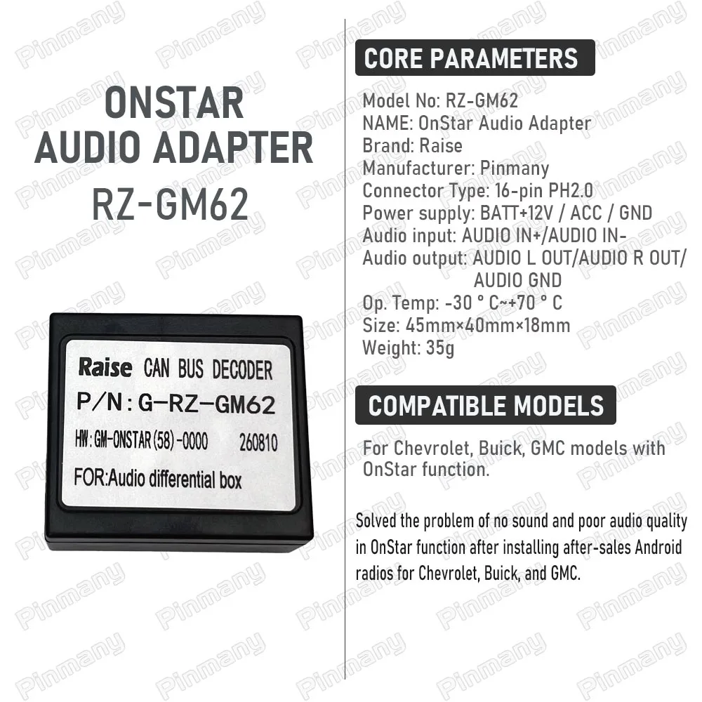 Pinmany OnStar Audio Adapter For Chevrolet Buick GMC Android Car Radio Solve No Sound Poor Audio Quality Need CANBUS Decoder