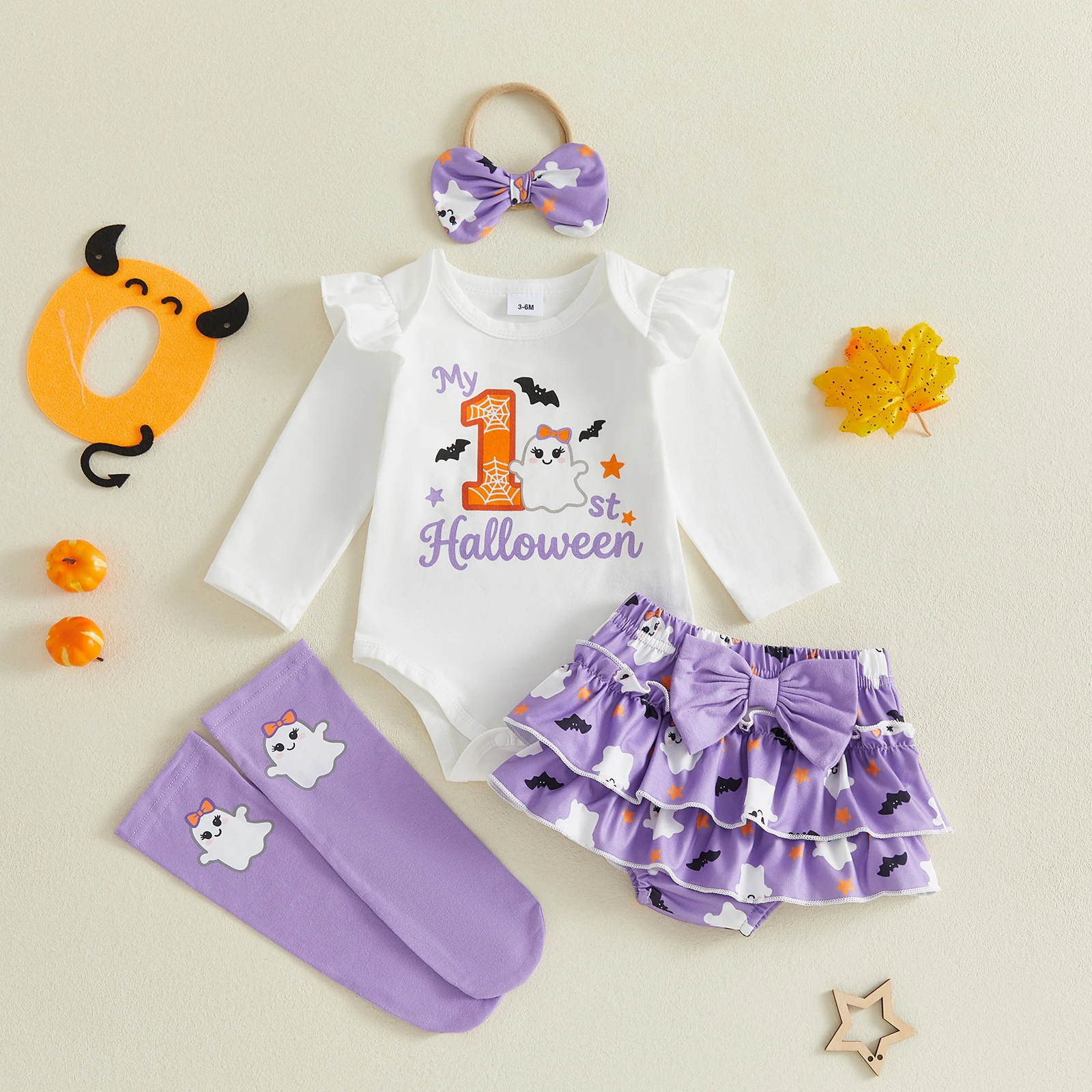 Baby Girls My 1st Halloween Costume 4Pcs Set Ruffle Bodysuit Polka Dot Ruffle Skirt Leg Warmers Bow Headband Fall Party Outfit