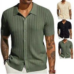 2024 New Men's Casual Tops Summer Cool Knitted Men's Shirts Short-sleeved Lapels Solid Color Hollow Breathable Clothing