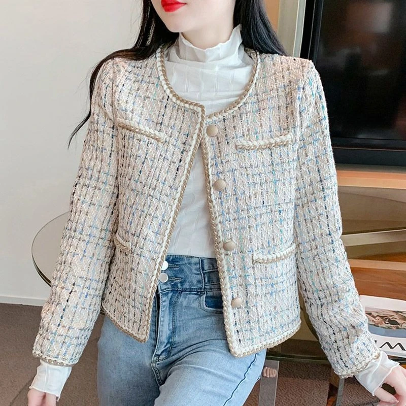 2026 Fashion Pink Apricot Tweed Jacket Women Short Woolen Coat Spring Autumn O-neck Long-sleeve Single-breasted Slim Casual Tops