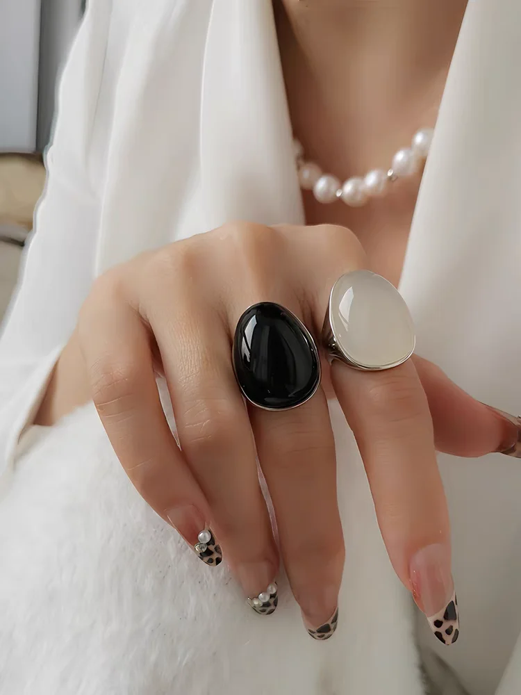 Brass Natural Stone Egg Charm Solid Rings Women  Jewelry Punk Designer Club Cocktail  Party Boho Japan Korean image 2