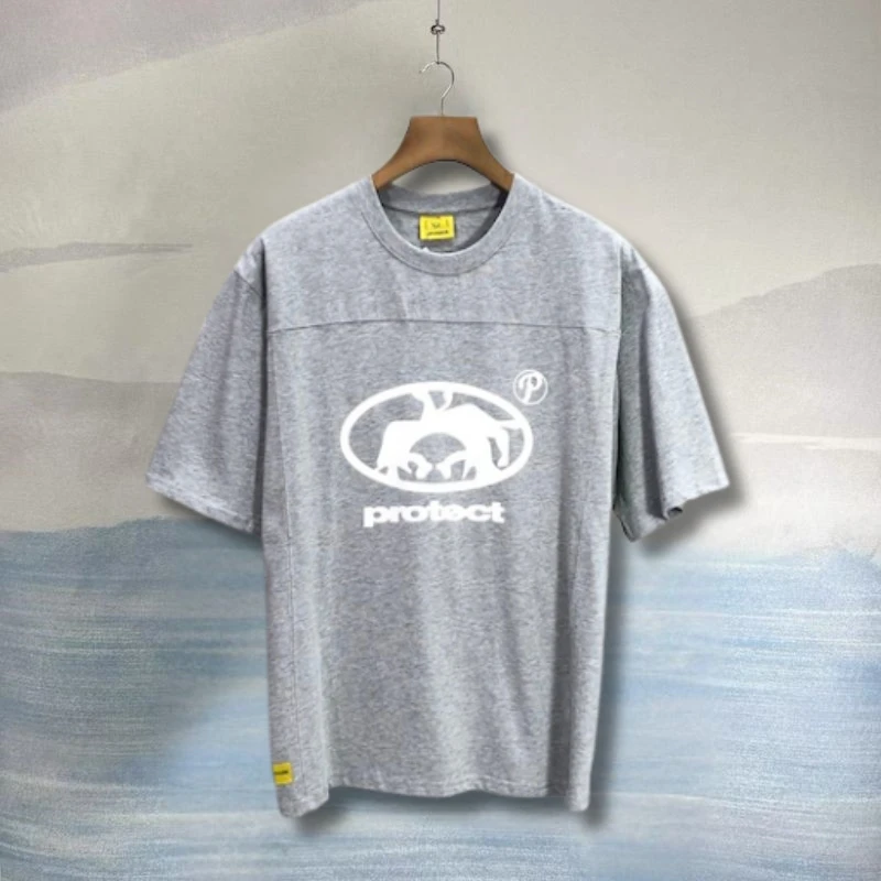 Elliptical Silhouette Logo Letter Grey Protect Tshirt Men Women High Quality Cotton Patchwork Round Neck Short Sleeve Streetwear