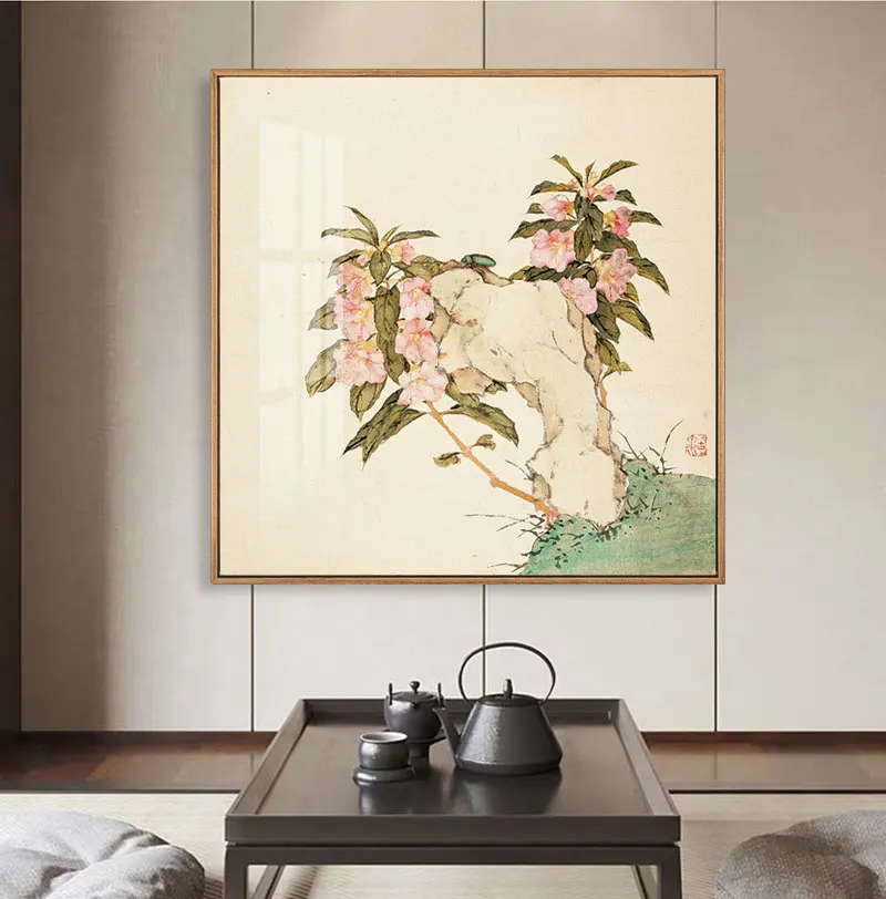 Vintage Chinese Ink Painting Canvas Art Print Painting Poster Of Flowers and stones By Unframed Wall Pictures For Living Room