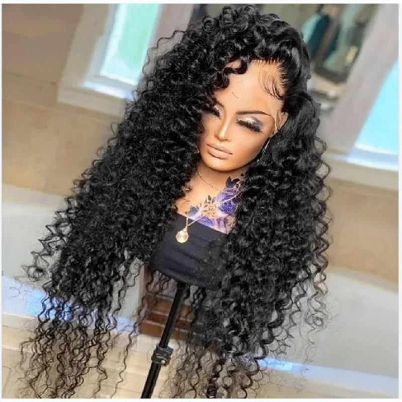 Peruca dianteira encaracolada longa do laço para mulheres, preto natural macio, glueless, cabelo do bebê, resistente ao calor, pré-arrancado diariamente, 180 densidade, 26"