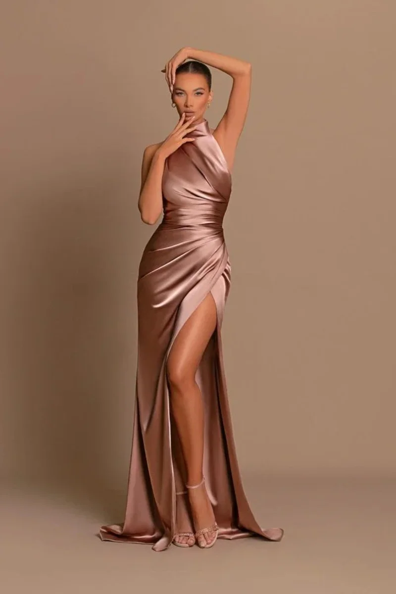 Fashionvane 2024 Customized Sheath High Neck Sleeveless Satin Pleated Floor Length High Side Slit Long Prom Dress Evening Dress