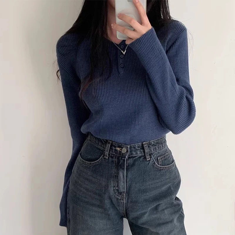 

Chic Autumn New Sle Women's Slim Fit Long Sve f Open Collar Knitted Base Layer Color Sweater Commute Sle Poly...