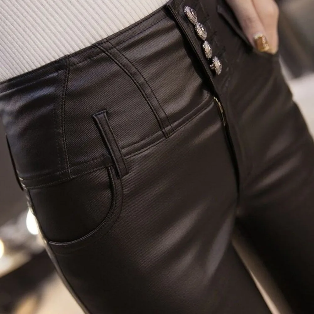 Invisible Open-crotch Pants for Women, High Waisted Fluff Leather Pants, Slim Pencil Pants, PU Leggings, Outdoor Sex