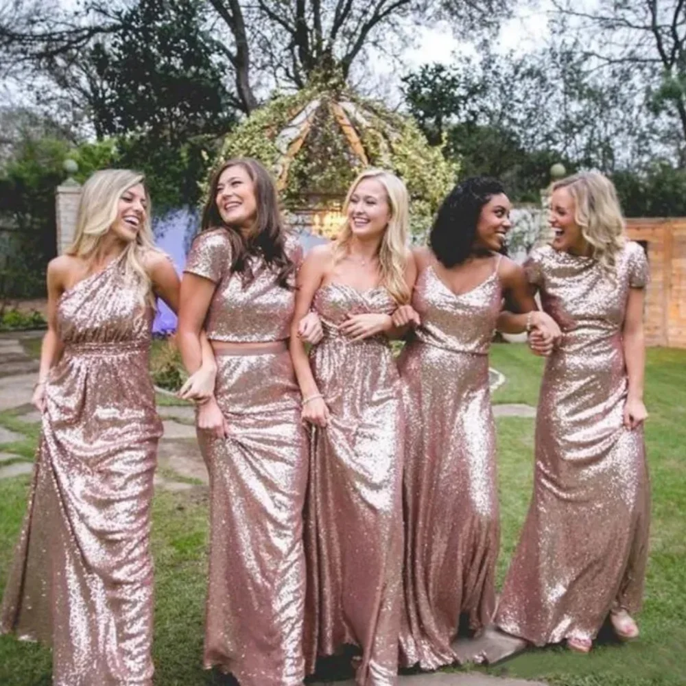 Elegant Rose Gold Sequin Sisters Long Sexy Country Bohemian Bridesmaid Dress Bridesmaid Dress Plus Size Customized 2024