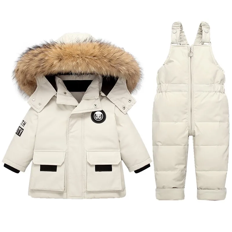 2Pcs Set Children Down Jacket Winter Warm Girls Snowsuit Real Fur Collar Boy Coat and Jumpsuit Thicken Baby Set 1-4 Years