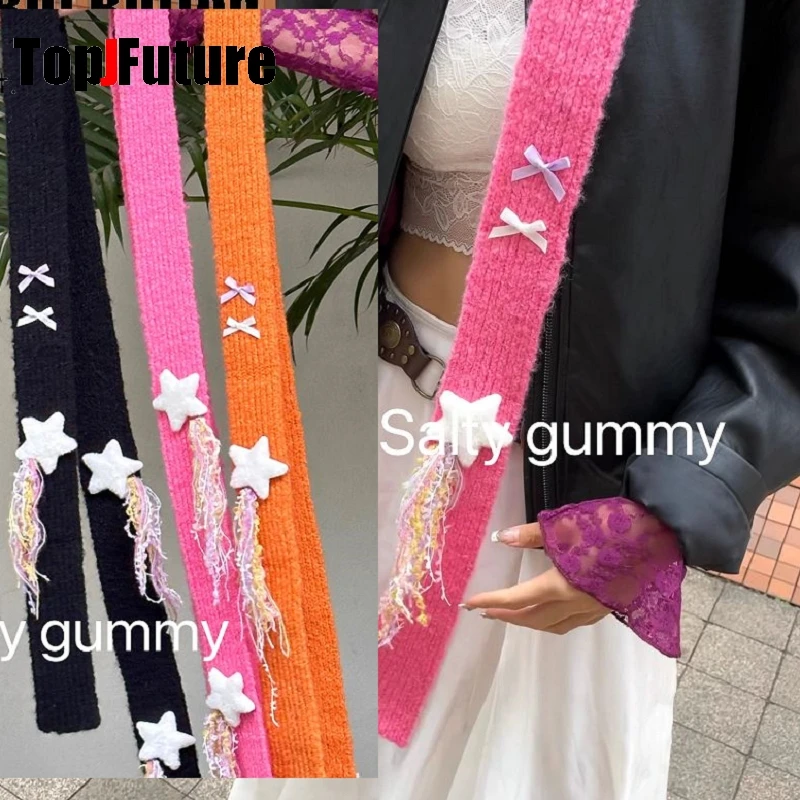 Harajuku Gothic  Lolita Y2k Girl Punk Women Long Plush stars bows  Colorful rope dopamineScarf streetwear keep warm Scarves