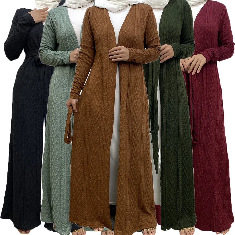 

Muslim Woman Open Abaya Knitted Warm Kimono Cardigan Long Sweater Islam Clothing Dubai Turkey Dresses Kaftan Arabic Morocco Robe