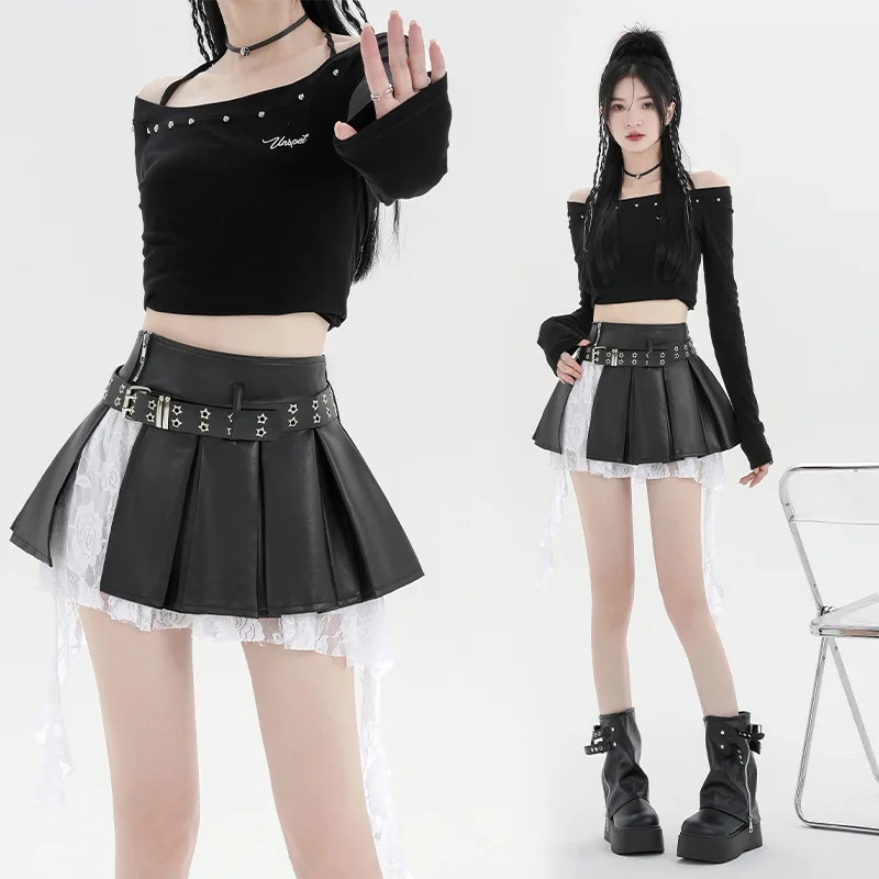 PU Sexy Black Mini Skirt Women Lace Spliced Gothic A-line Skirt Zipper Decor Streetwear Short Skirt High Waist Grunge Skirt Girl