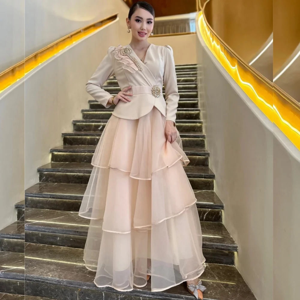 

Customized Fashion Elegant Organza Sequined Pleat A-line V-neck Long Dresses Bespoke Occasion Intricate