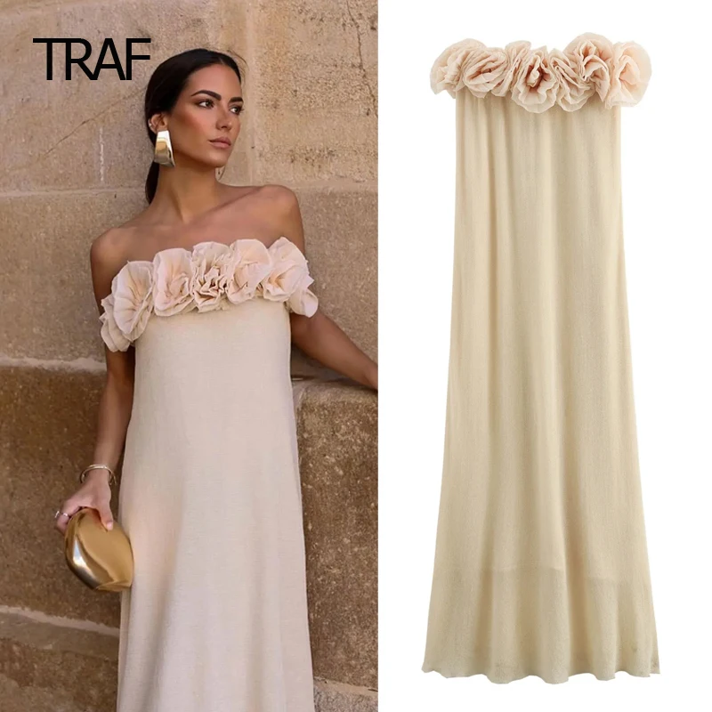 

TRAF Women's Dress Summer 2024 Strapless Floral Dress Midi Sleeveless Backless Long Dress One-Piece Luxury Women's Elegant Dress