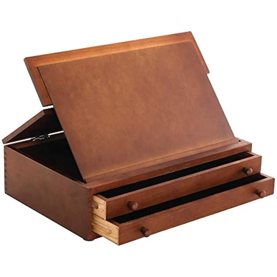 

U.S. Art Supply Walnut Color 2-Drawer Wooden Storage Box with Fold-Up Adjustable Top Drawing Easel - Hand-Sanded Beechwood Meta