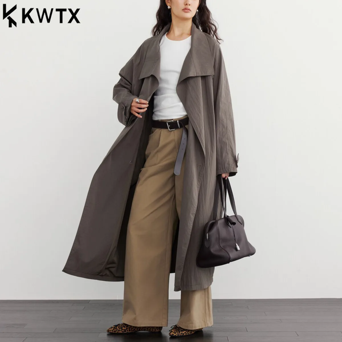 

KWTX 2025 Autumn Women's Trench Coat Oversized Notch Lapel Long Coat Solid Color Casual Elegant Office Wear Chic Street Style