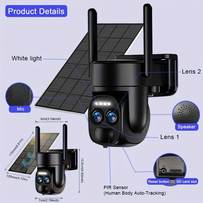 

[10x Zoom] 3MP Outdoor Dual-Lens Auto-Zoom Camera with 2.4/5GHz Dual-Band WiFi, Solar-Powered Weatherproof Design
