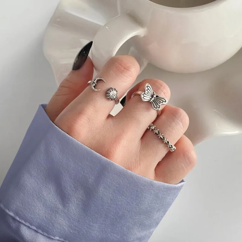 3-Piece Retro Minimalist Set with an Open Mouth Ring That Is Vintage, Personalized, Niche, High-End, Has an Open Joint Ring